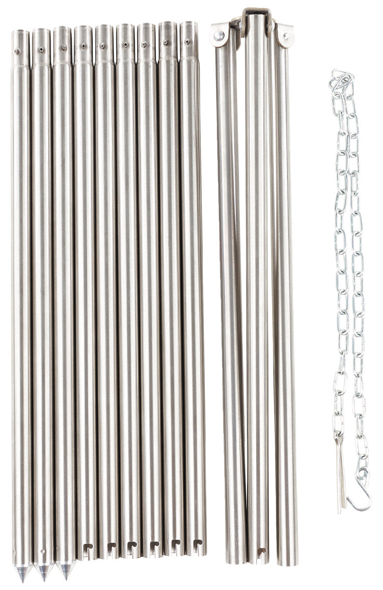 Dreibein, ca. 1,9 m, Edelstahl, mit Kette und Haken