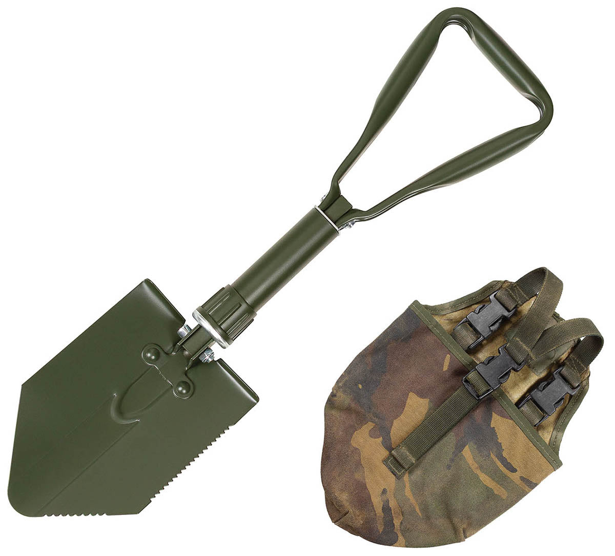 BW Klappspaten, 3-teilig, oliv, mit gebrauchter Tasche