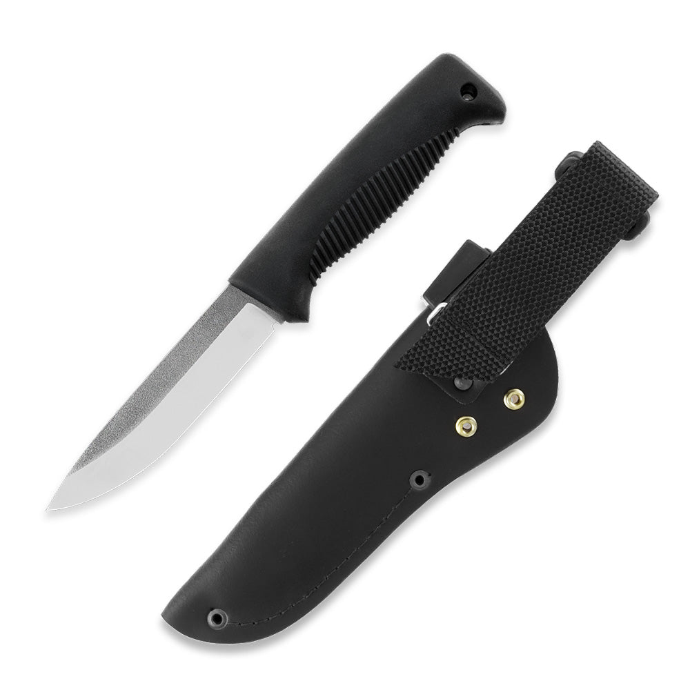 M07 N690 Ranger Puukko schwarz, unbeschichtet, Lederscheide (schwarz)