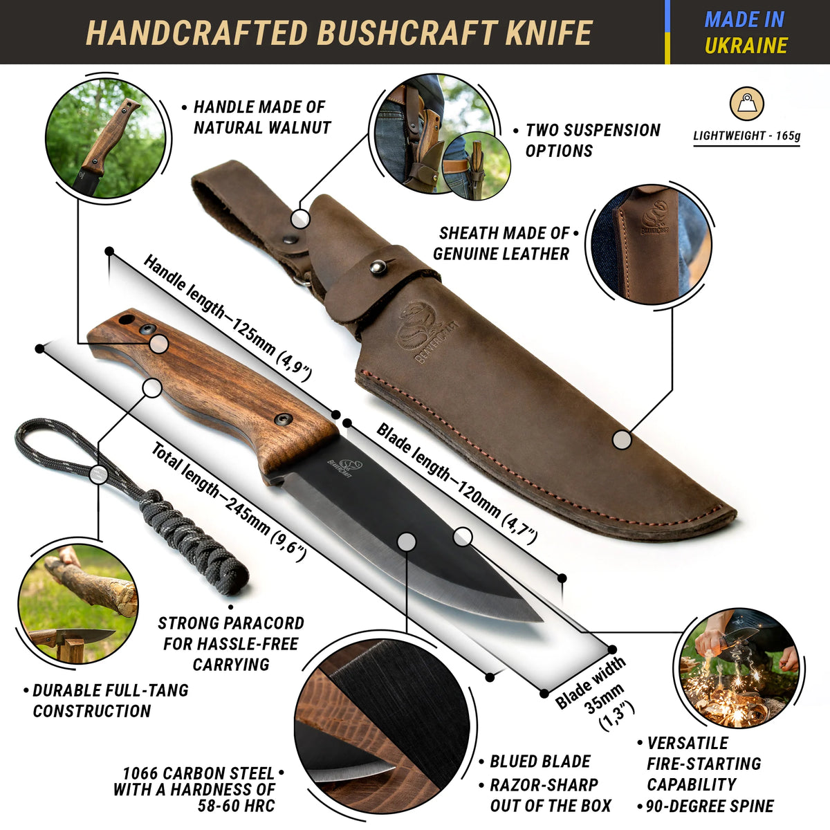 BeaverCraft - BSH3 Bushcraft-Messer mit Lederscheide (Kohlenstoffstahl)