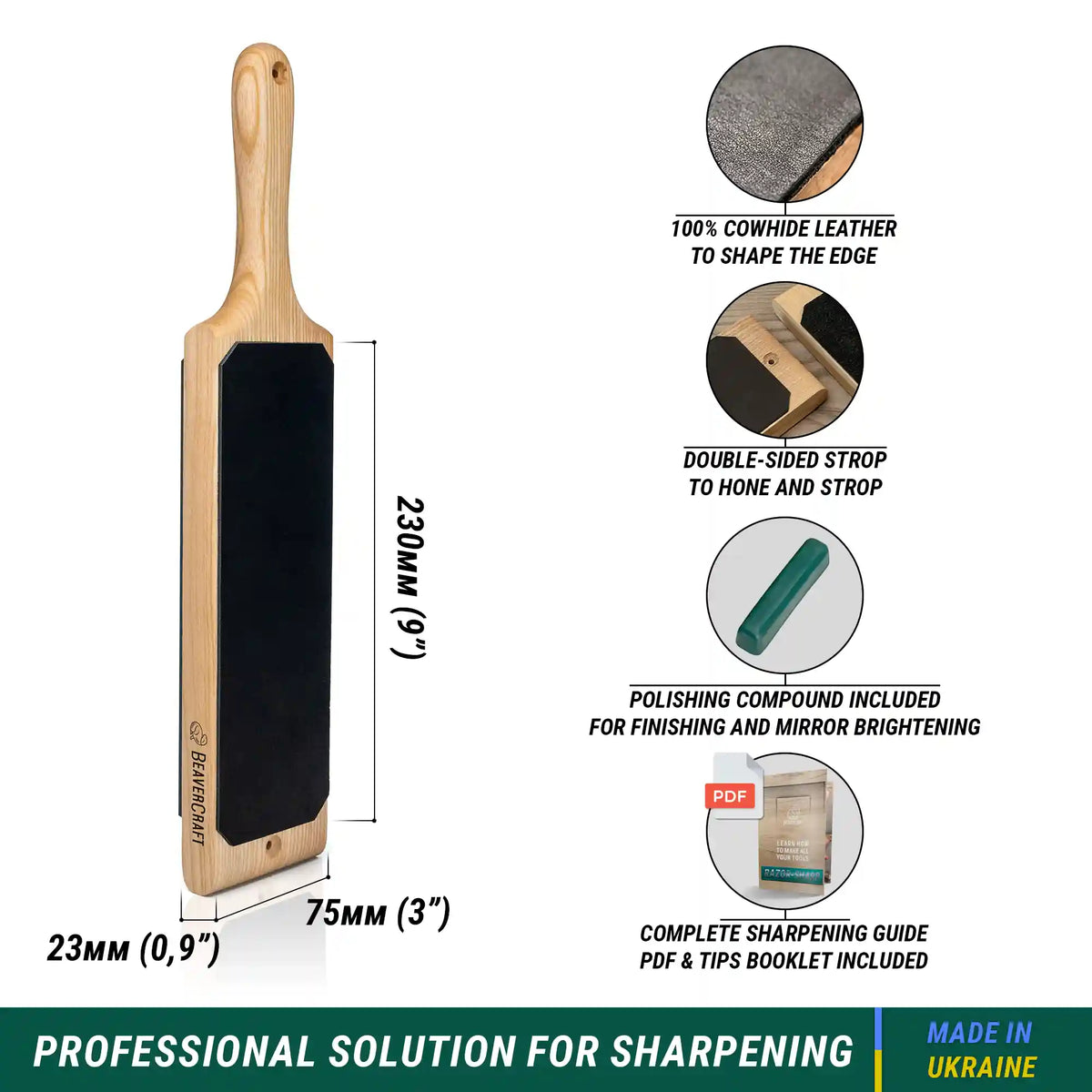 BeaverCraft - LS1P1 Doppelseitiger Leder-Paddelstreichriemen mit Poliermasse