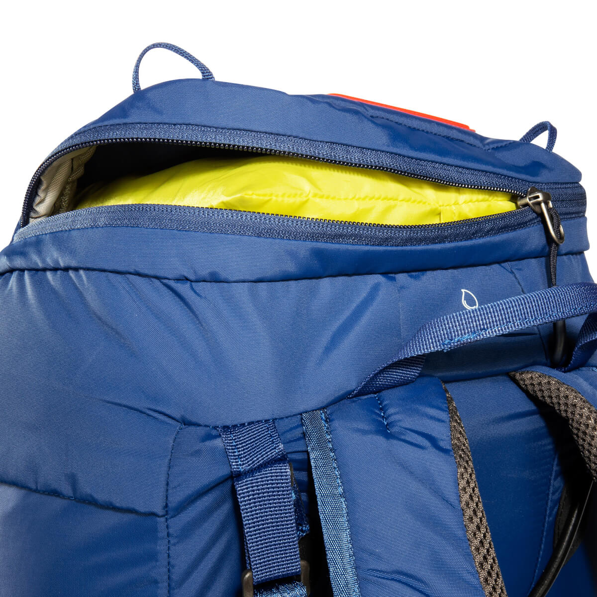 Rucksack, Rucksackseite, Reißverschluss, Blau Außenmaterial, Gelbes Innenfutter