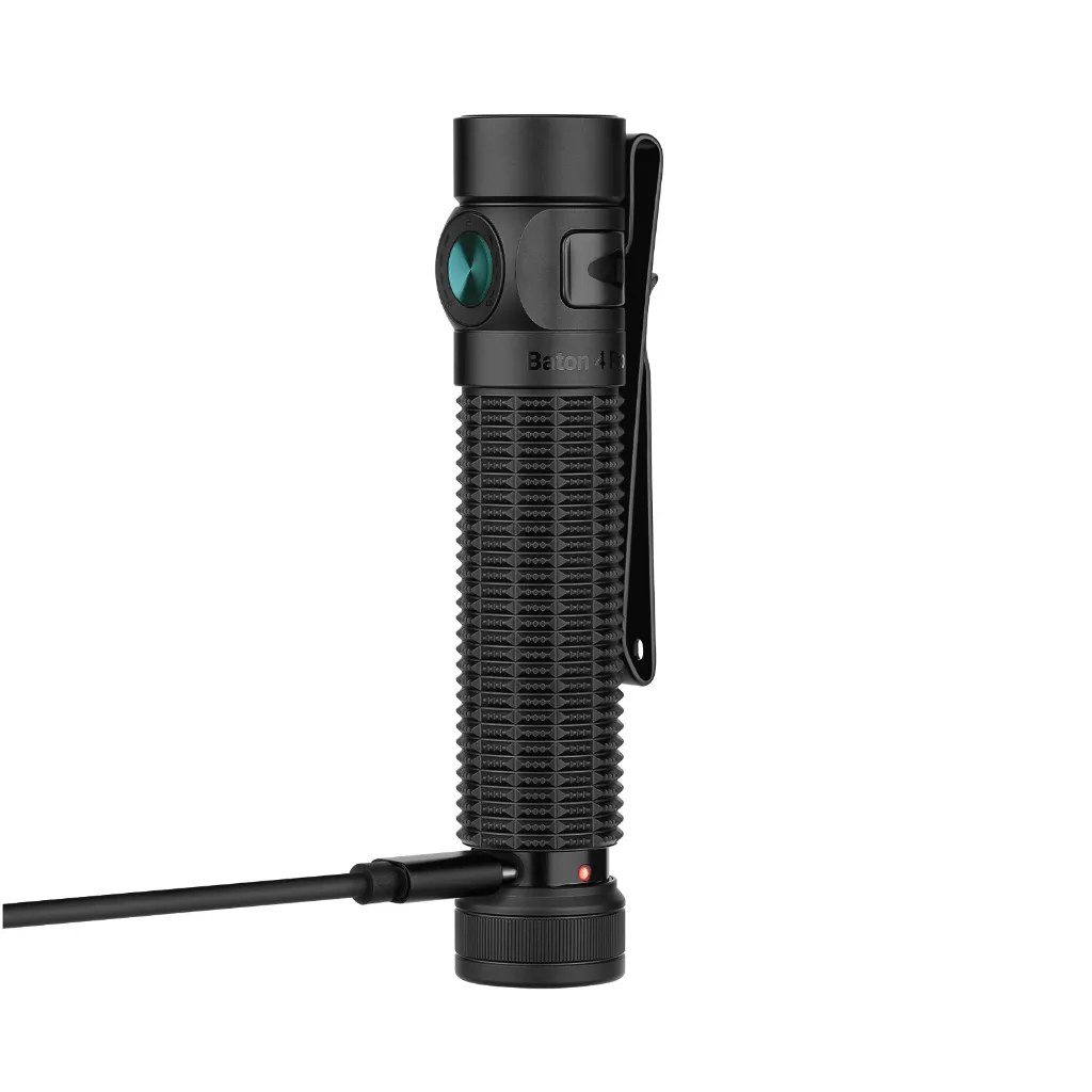 tactical flashlight, handheld torch, black exterior, ridged body, tail switch