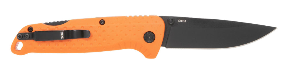 Foldender Messerk, orange Griff, schwarze Klinge, G-10 Griff, Clippoint