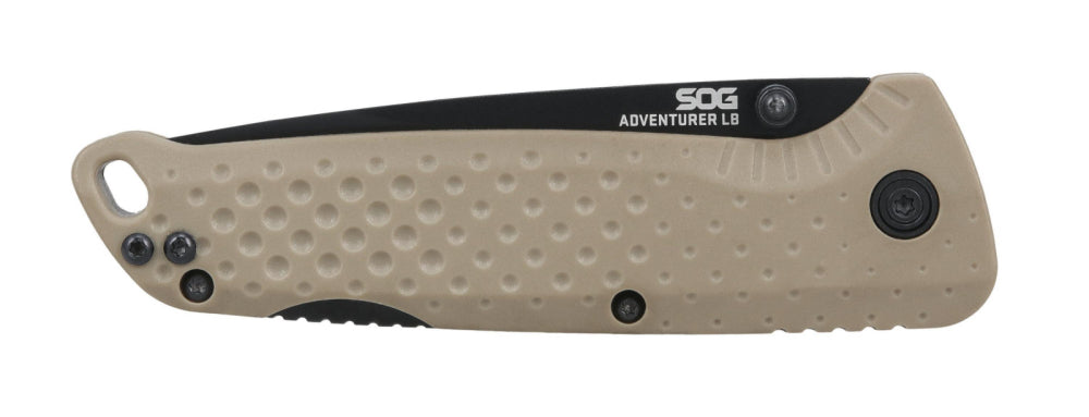 folding knife, beige handle, textured grip, assisted opening, blade edge visible