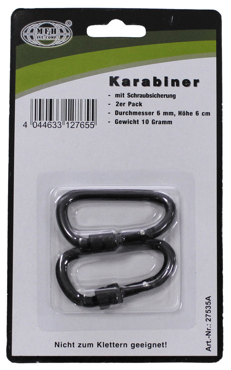 Karabiner, Schraubverschluss, D 6mm x 6cm, 2er Pack,schwarz