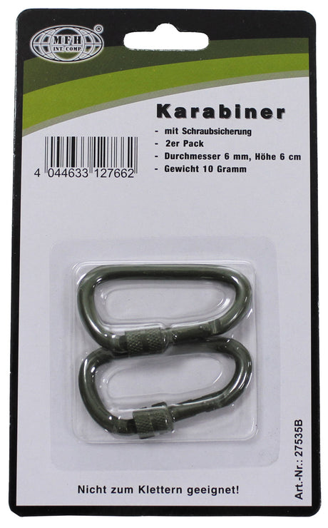 Karabiner, Schraubverschluss, D 6 mm x 6 cm, 2er Pack, oliv
