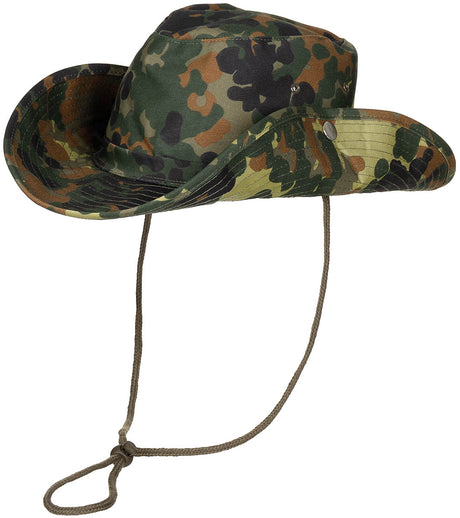 Buschhut, flecktarn, mit Kinnband, zum Hochstellen