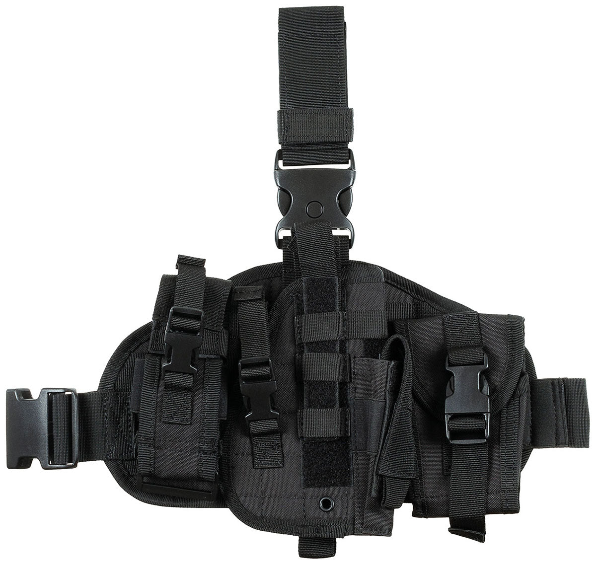 Pistolenbeinholster, "MOLLE", rechts, schwarz, mit Taschen