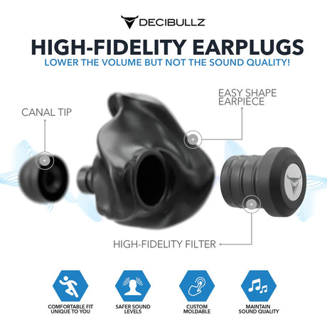 Decibullz - High-Fidelity Earplugs Gehörschutzstöpsel schwarz (SNR=19db)