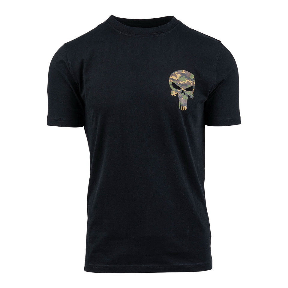 t-shirt, kurzarm, schwarz, camouflage-schädel, casual