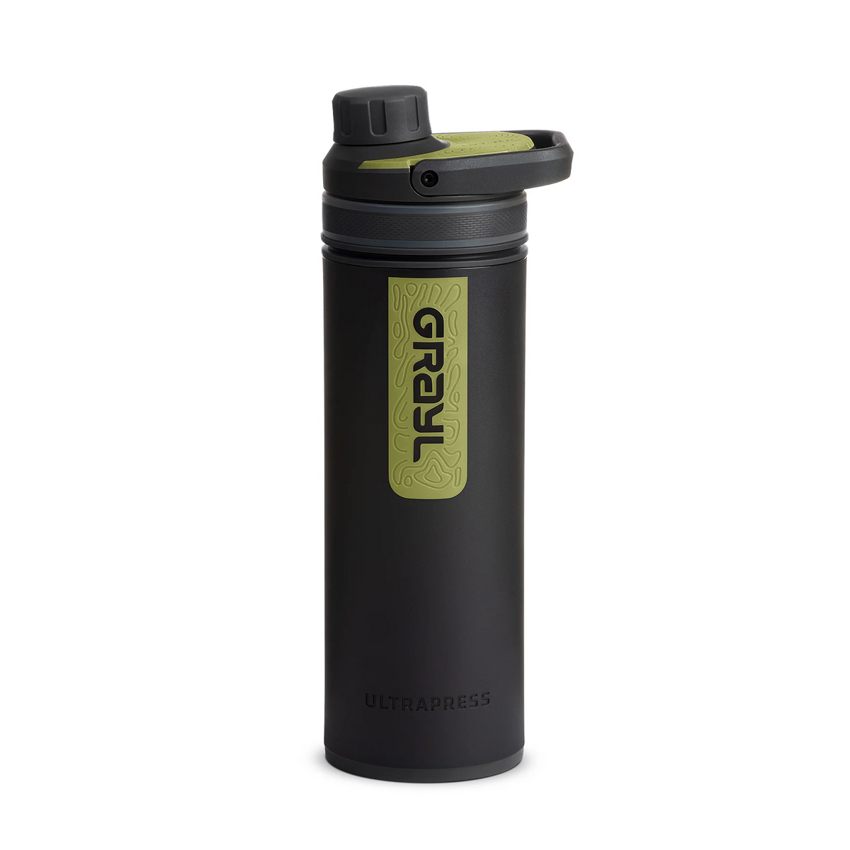 Wasserflasche, Sportflasche, Metallflasche, schwarze Flasche, grüne Beschriftung
