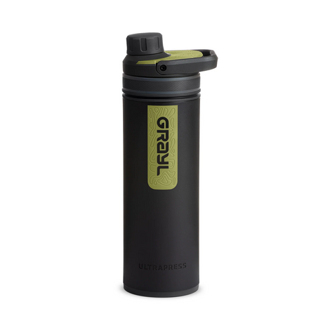 Wasserflasche, Sportflasche, Metallflasche, schwarze Flasche, grüne Beschriftung