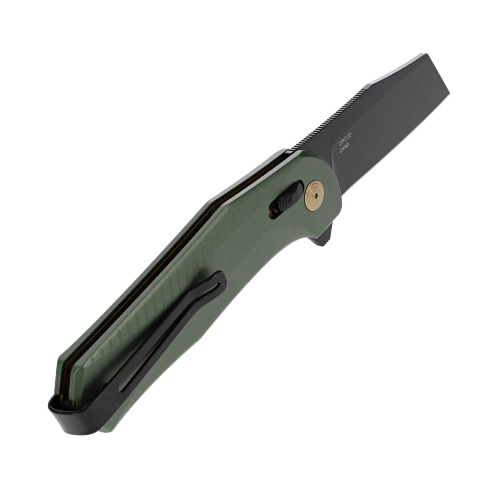 flip knife, outdoor knife, green handle, black blade, serrated edge