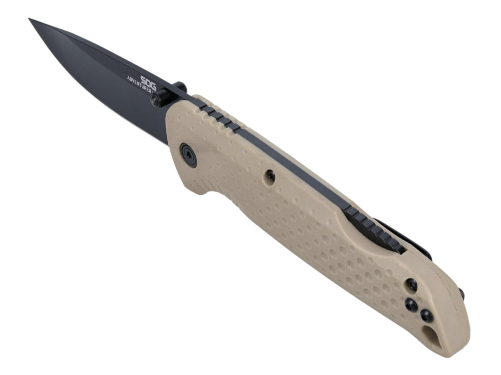 folding knife, knives, beige handle, black blade, lockback