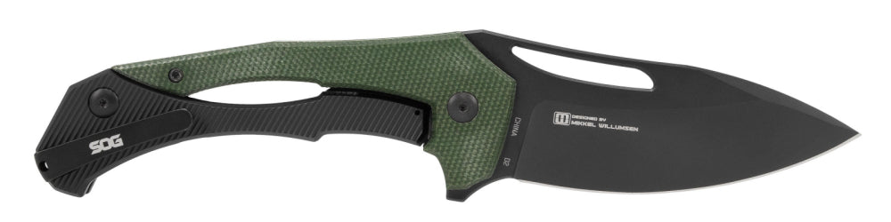 Folding knife, drop point, black blade, green handle, stainless steel blade